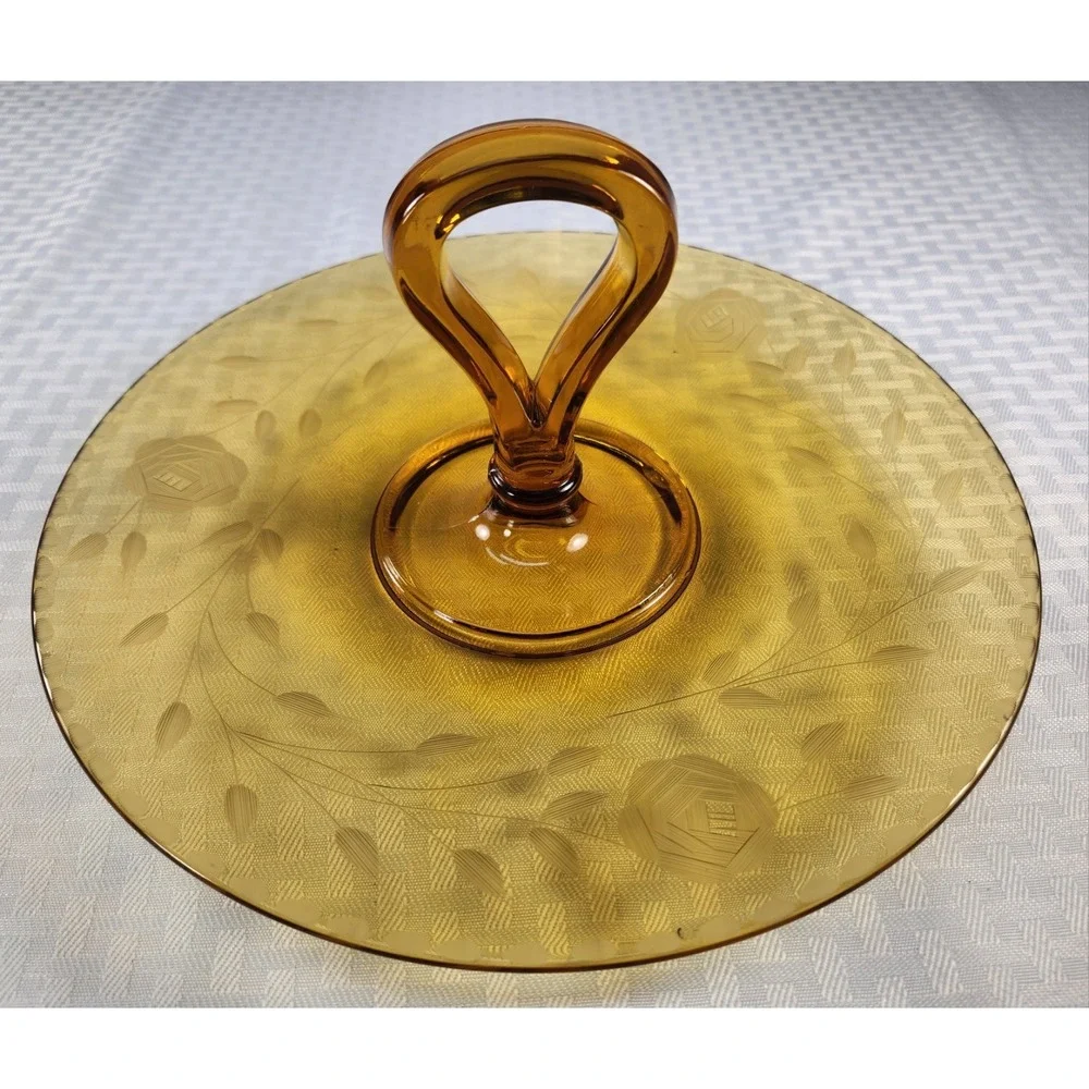 Cambridge Glass Center Handle Tray Elegant Majestic Etch Amber Plate Hand Blown